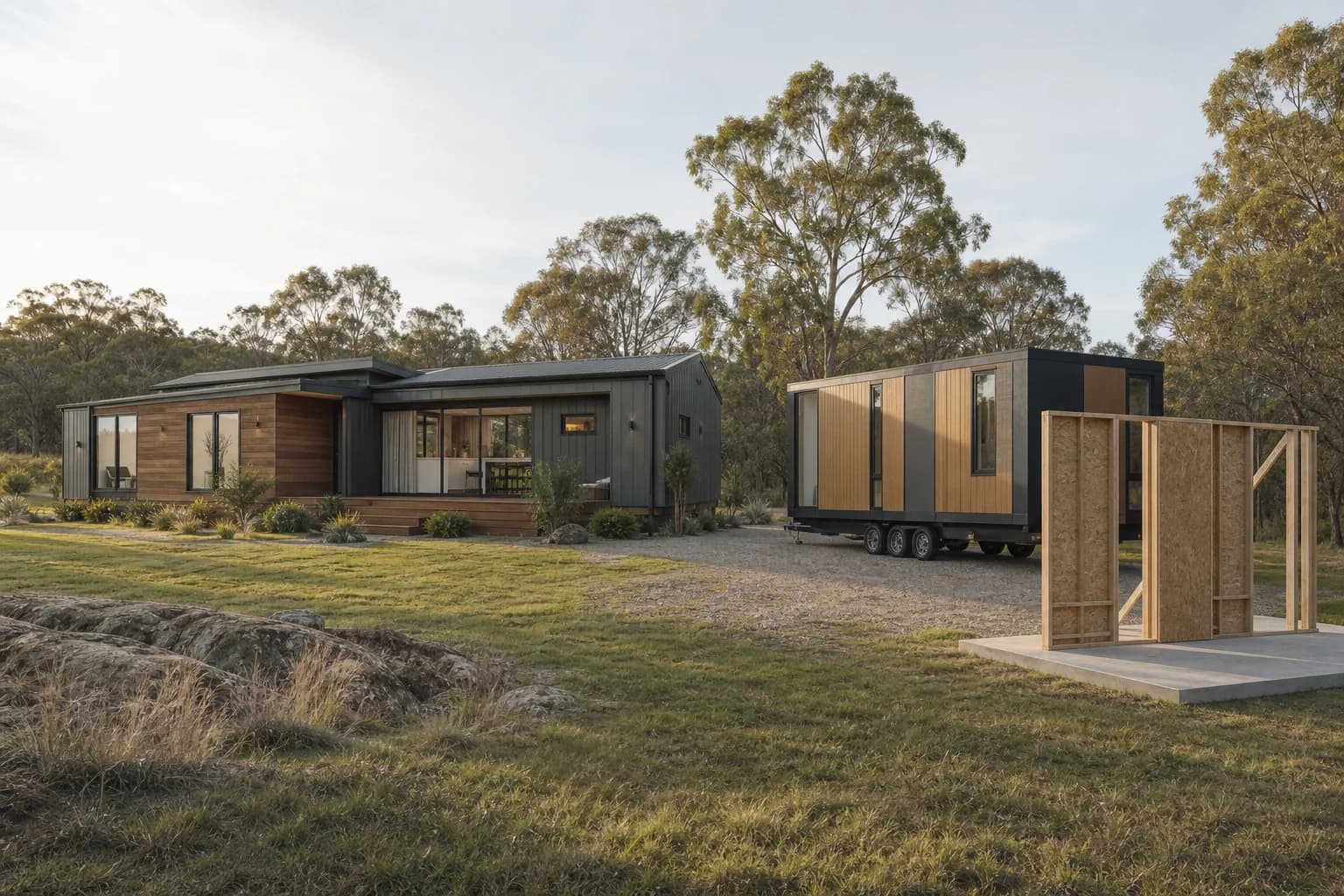 Permanent modular home, transportable home and prefabricated wall panel in an Australian landscape