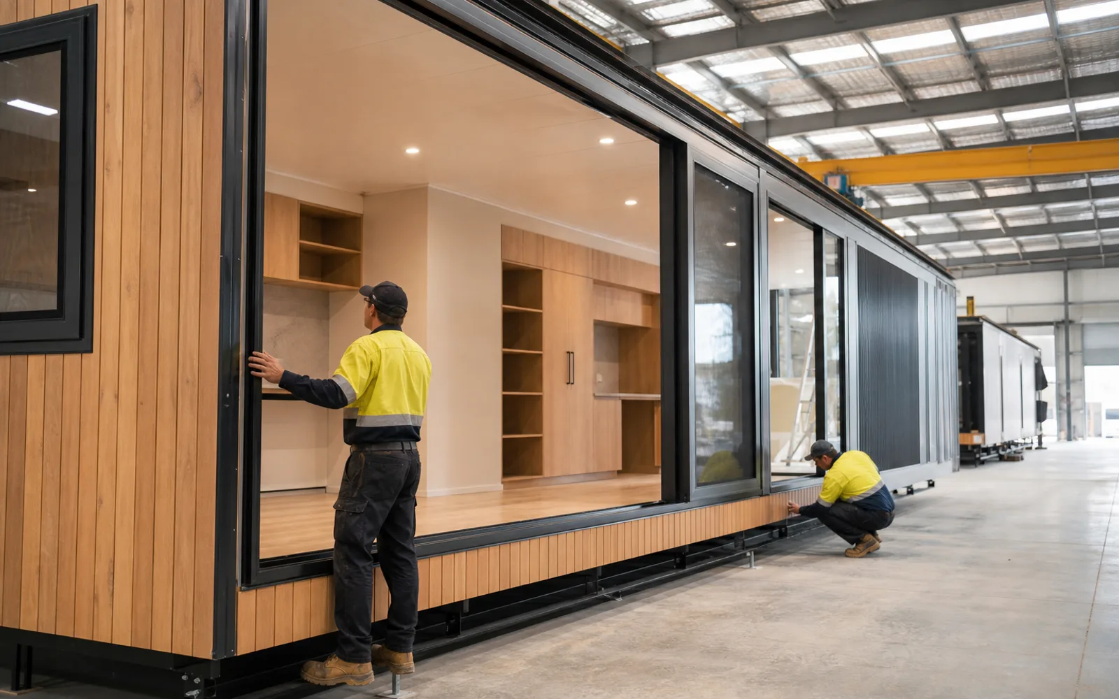 Quality-control inspection of a finished modular home inside a clean manufacturing facility