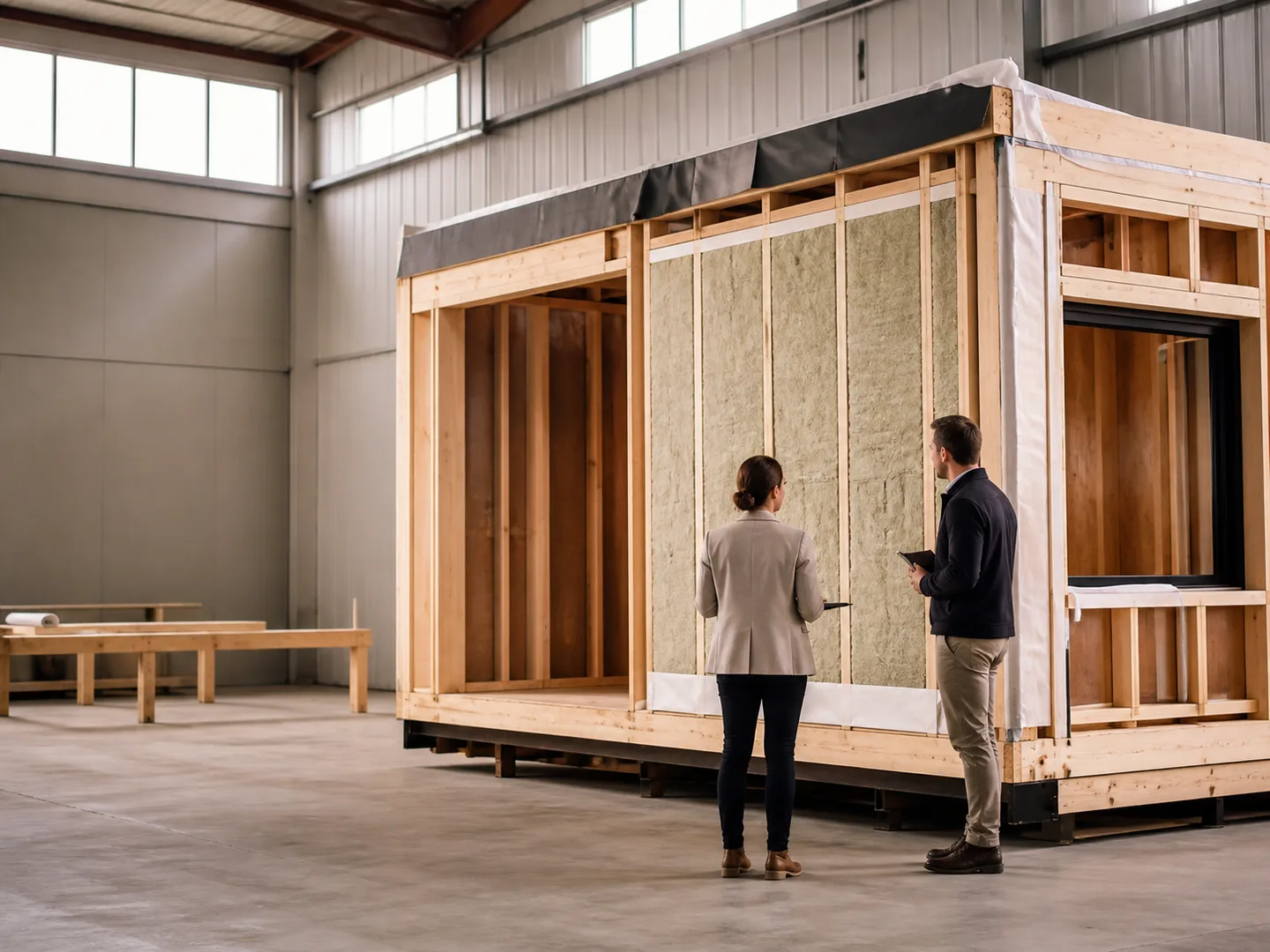 Modular home project review inside a factory