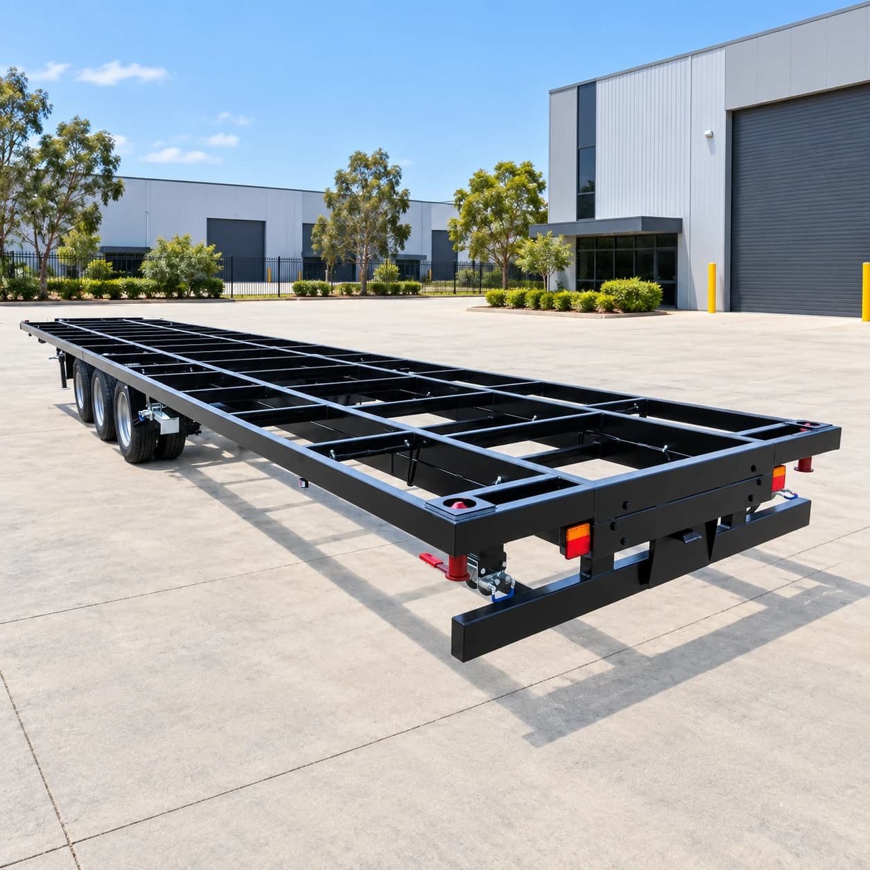 Rear three-quarter view of the triple-axle house trailer chassis