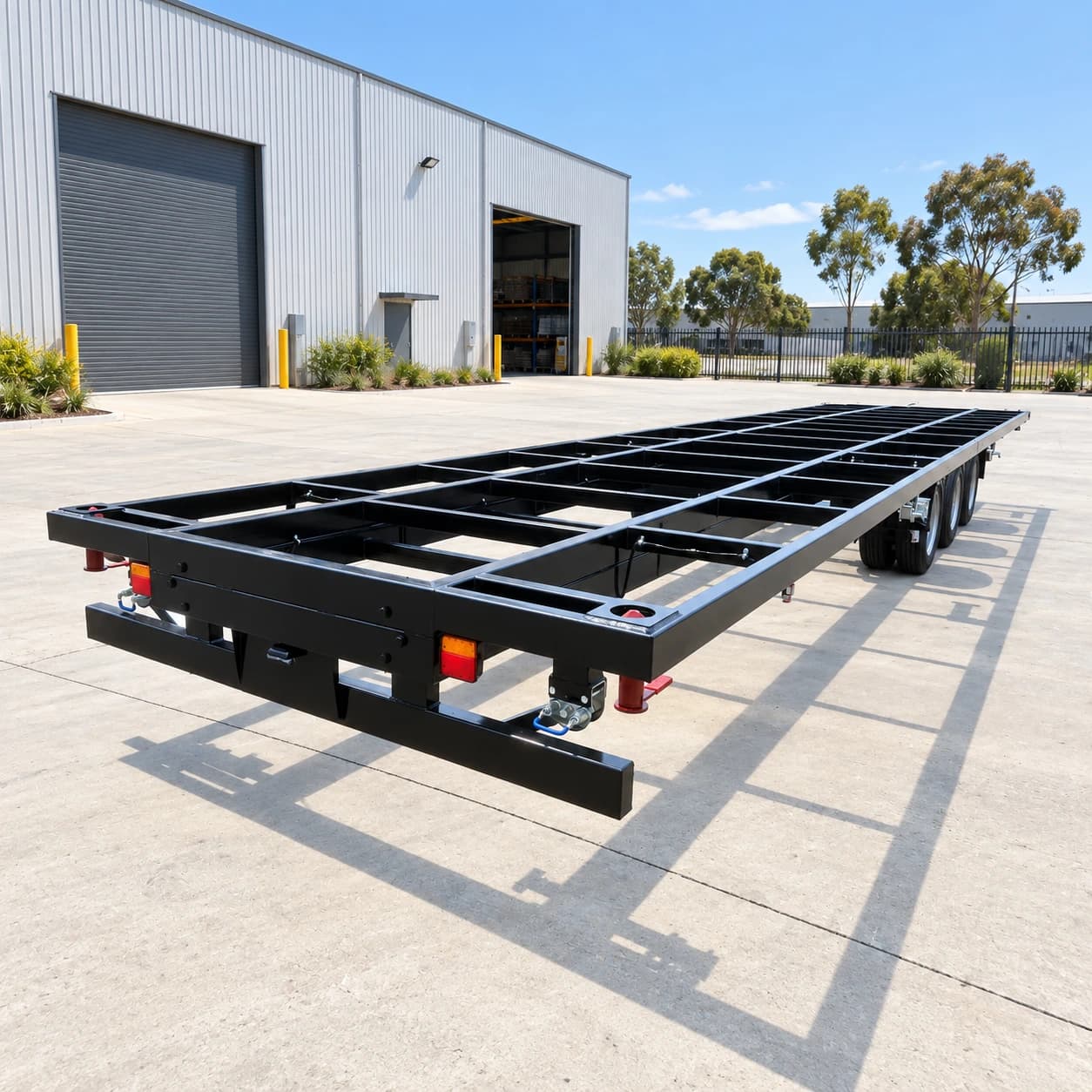 Rear three-quarter view showing the long chassis frame