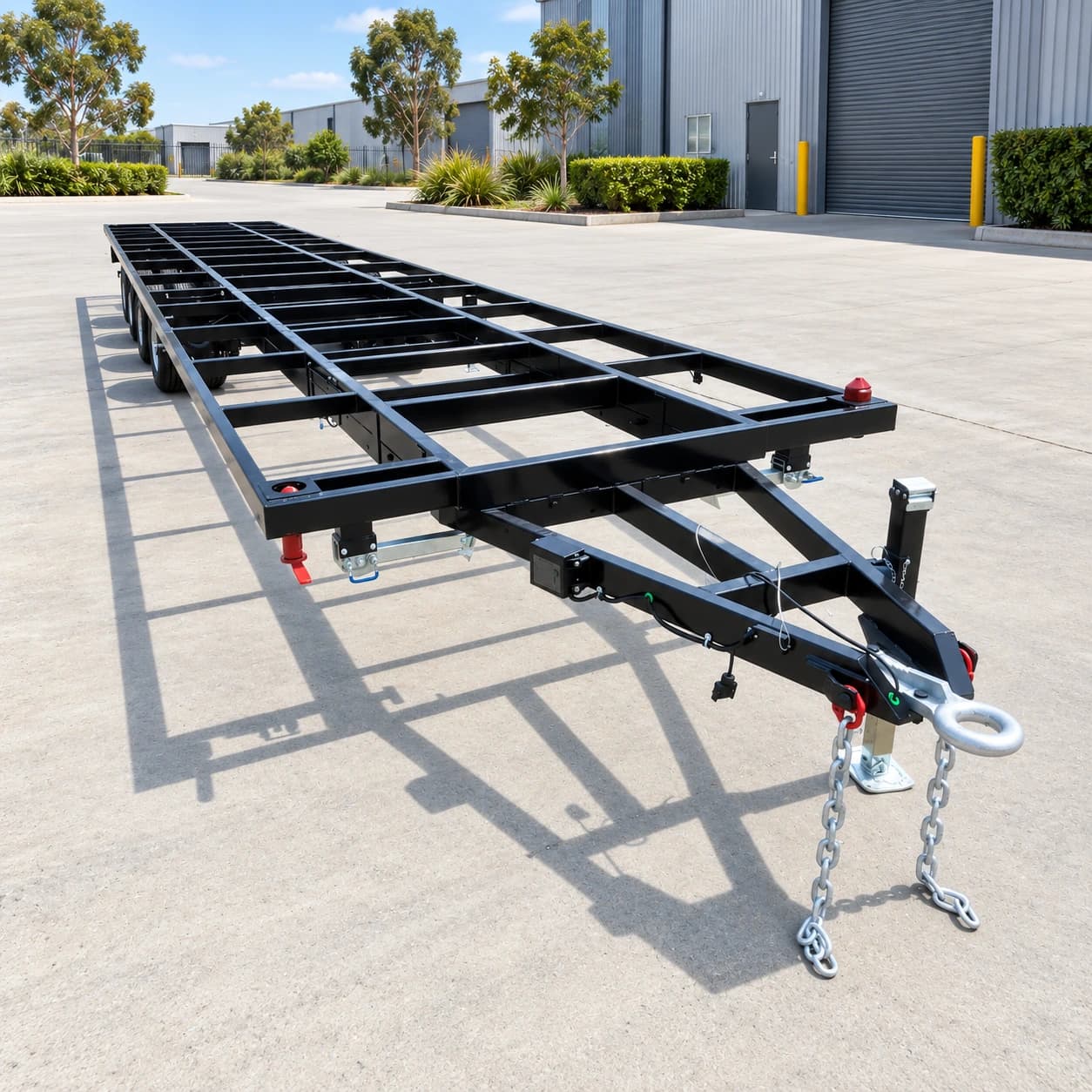 Drawbar, coupling and safety-chain detail on the house trailer chassis
