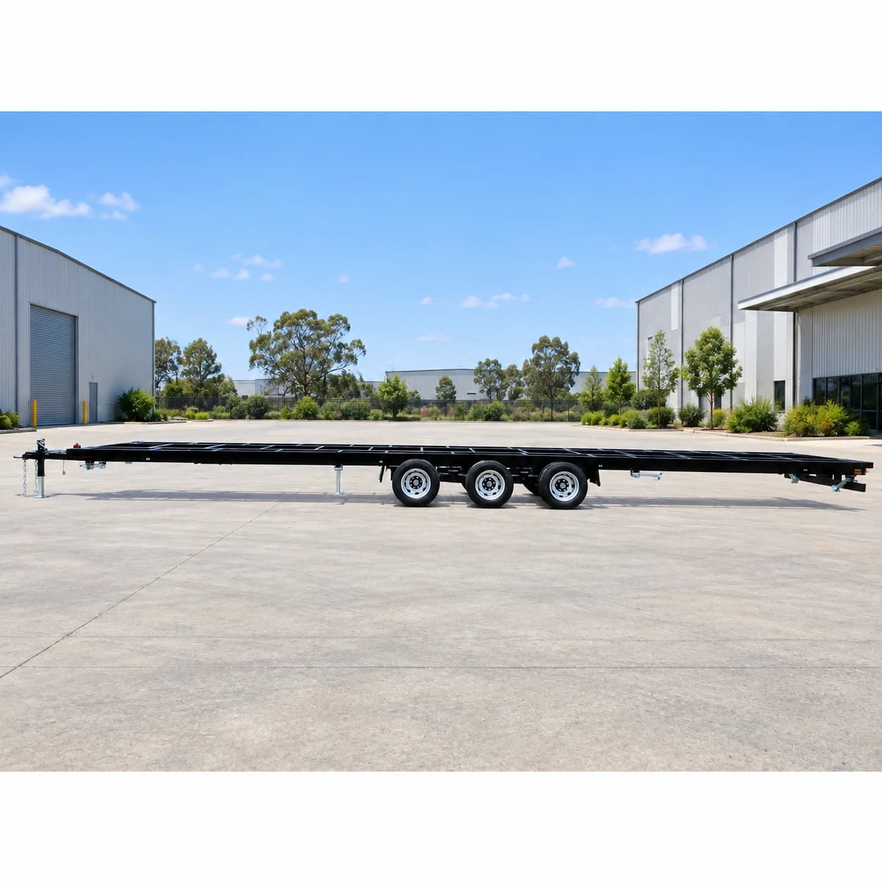 Wide side profile of the 13.2m triple-axle house trailer chassis