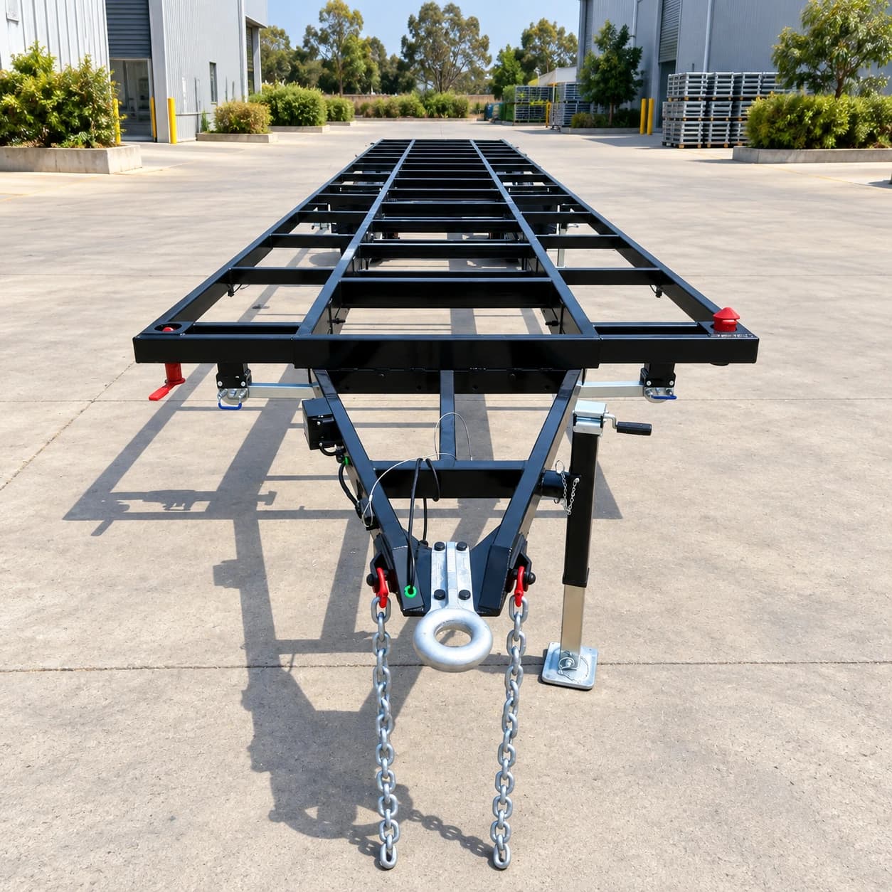 Front view along the full length of the house trailer chassis