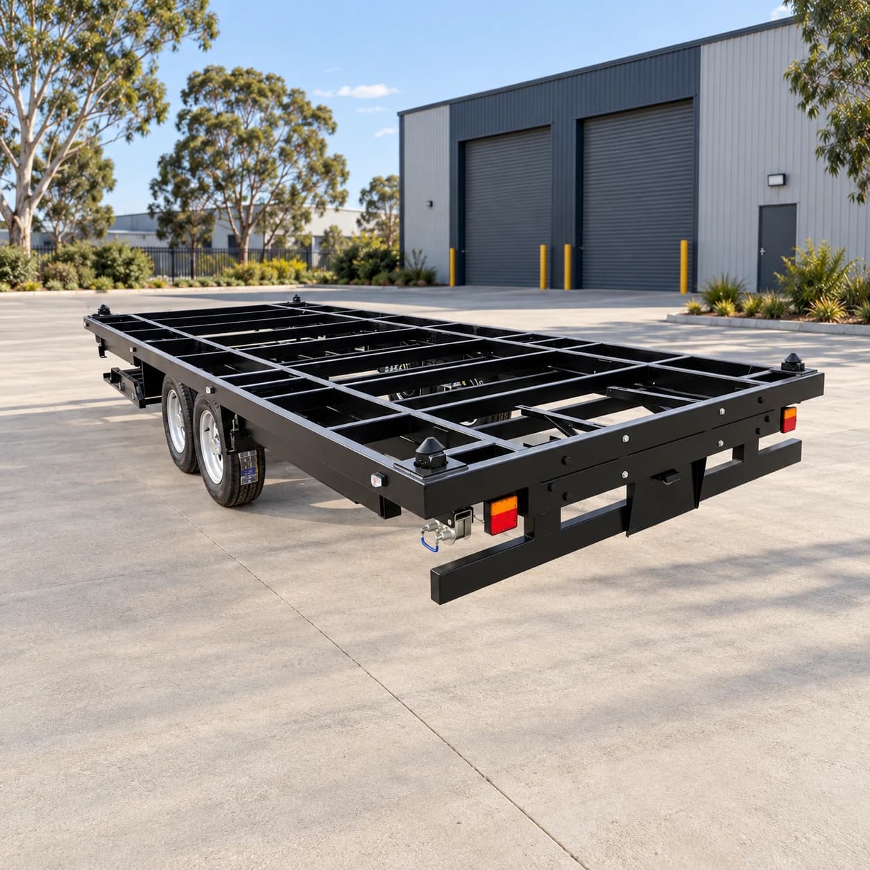 Rear frame and lighting detail of the 20ft house trailer chassis