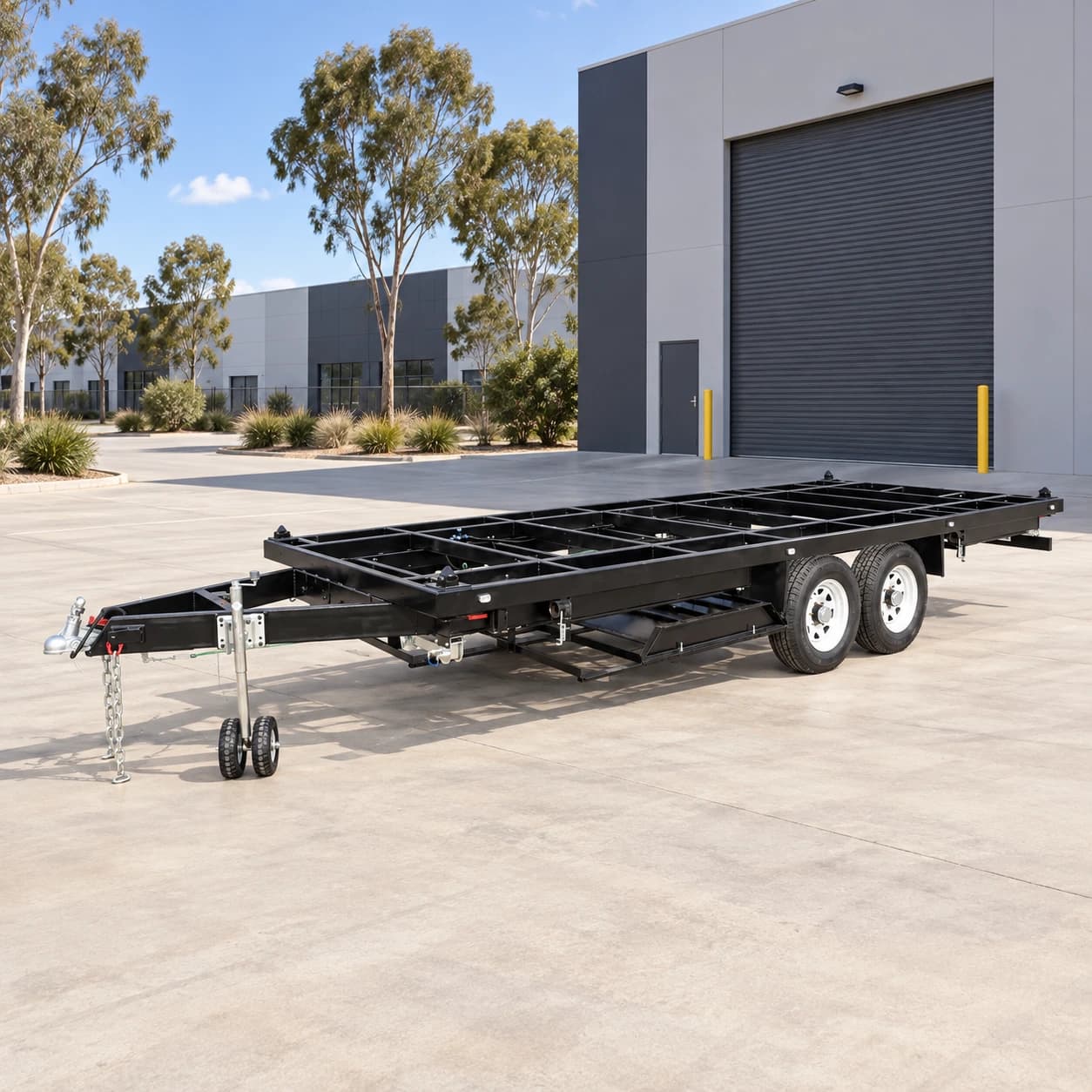 House trailer chassis with outriggers retracted