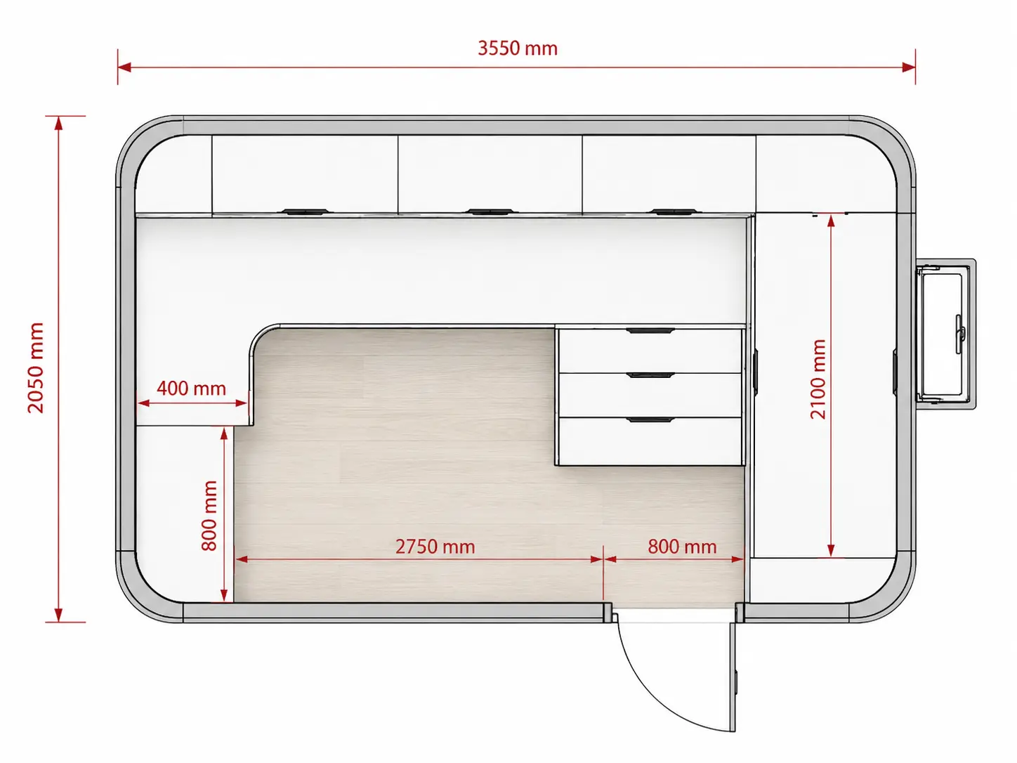 Floor plan of the 3m Backyard Office Pod showing the wrap-around desk, drawers and tall storage