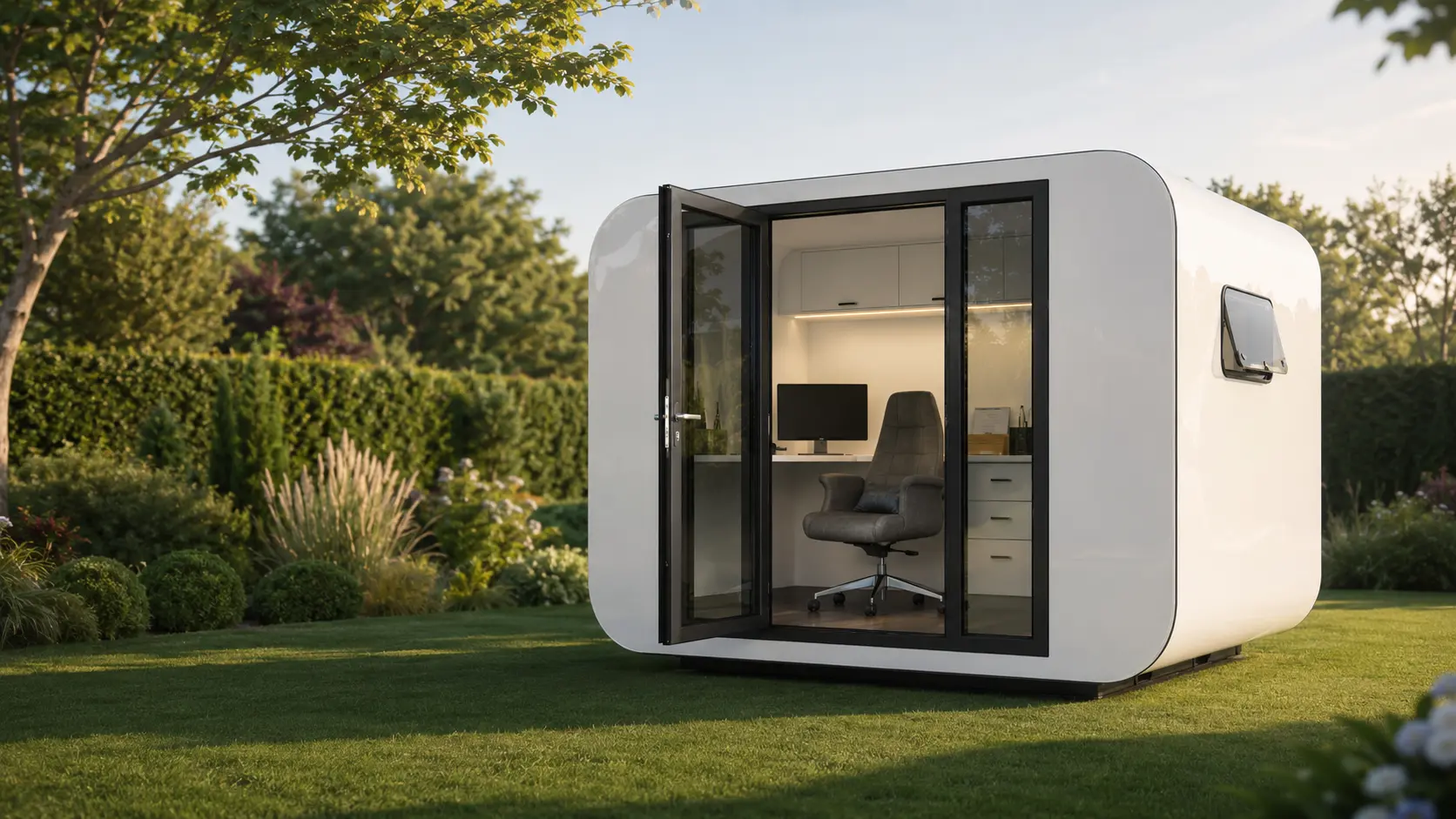 The pod open to the garden, its interior glowing in the late afternoon light