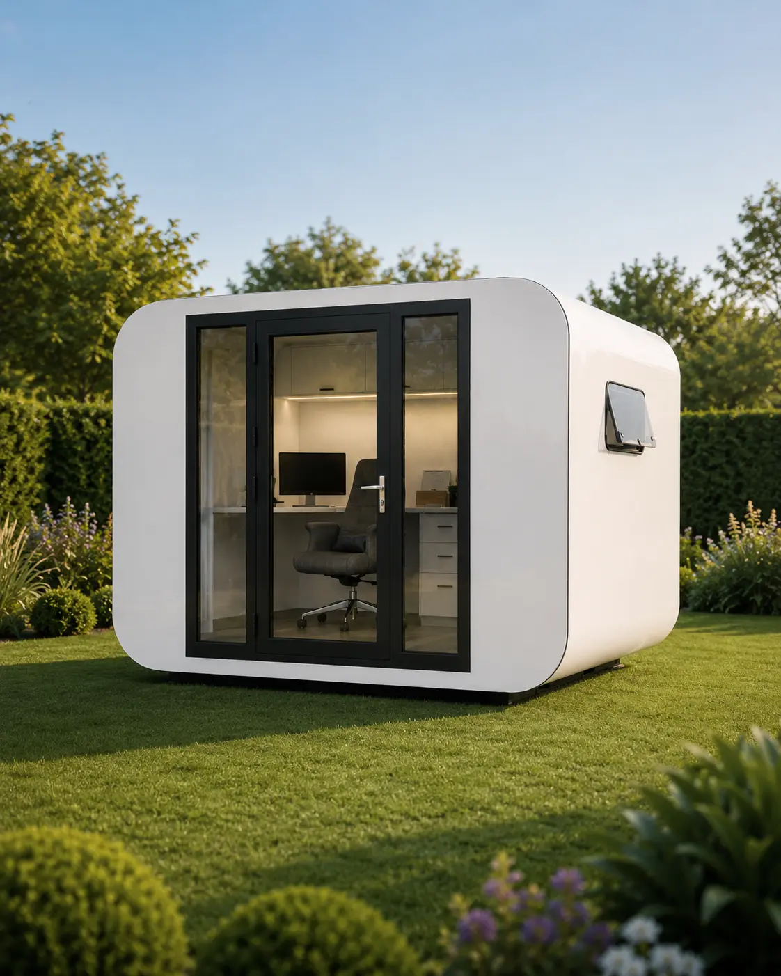 The precise, architectural form of the 3m Backyard Office Pod set into a garden