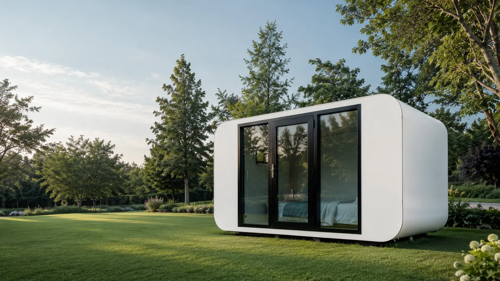 The pod's clean front elevation, glazed doors opening to the garden