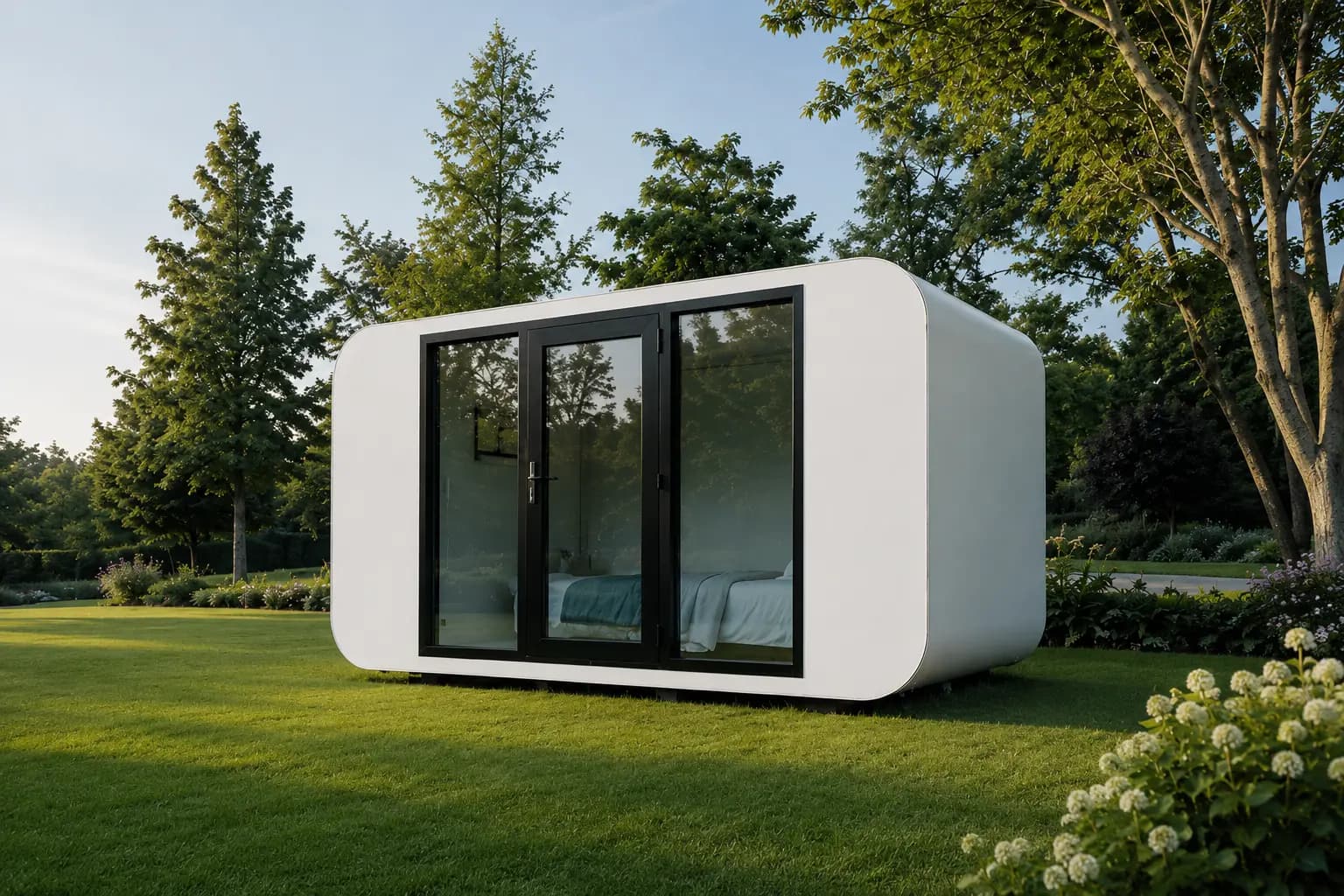 The 4m Backyard Office Pod set on a manicured lawn at golden hour, its rounded white form framed by trees