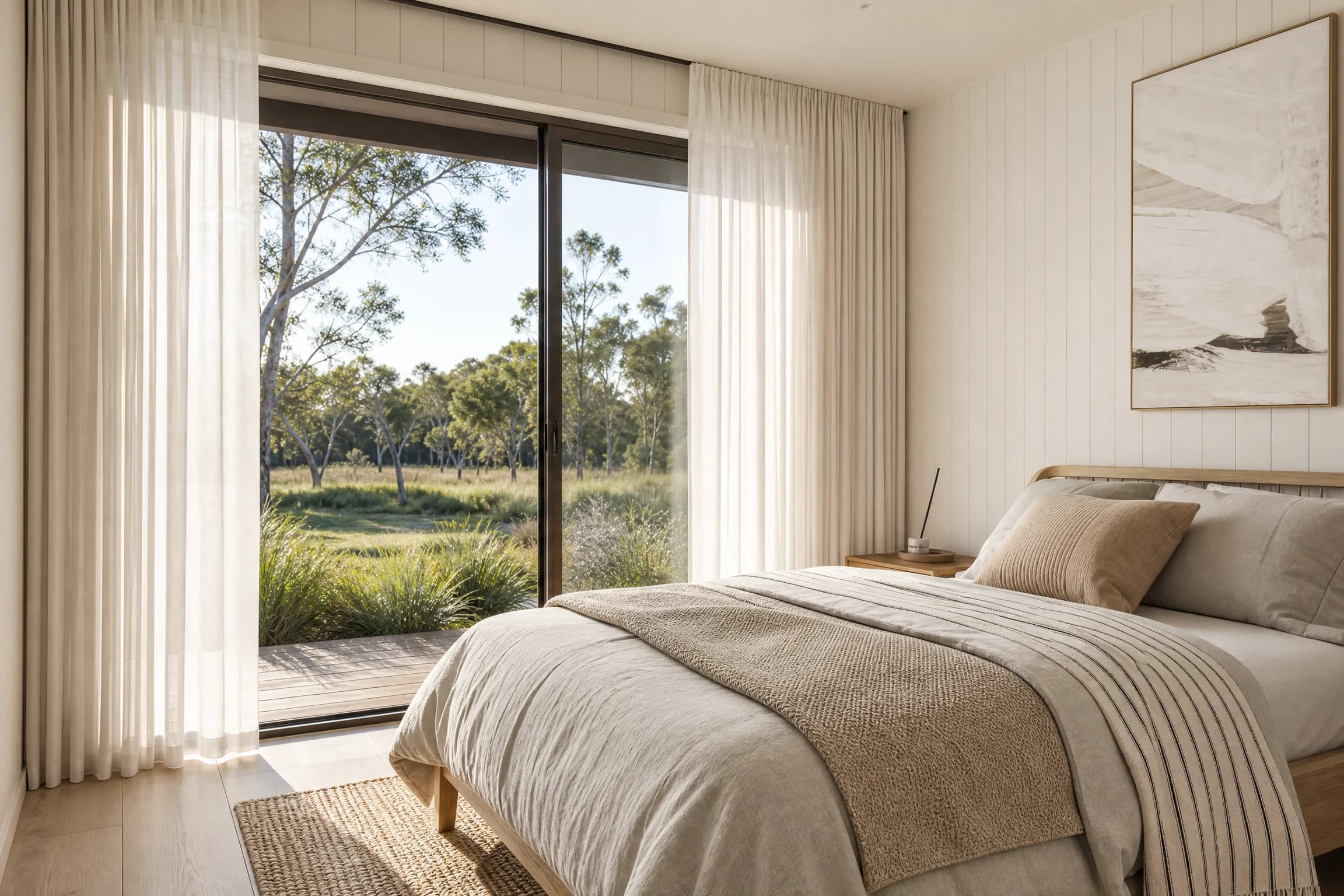 A calm bedroom with a sliding door framing the bush outlook